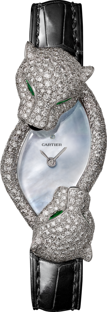 Reloj Joaillère PanthèreOro blanco, cuarzo, esmeraldas, laca negra, piel, diamantes