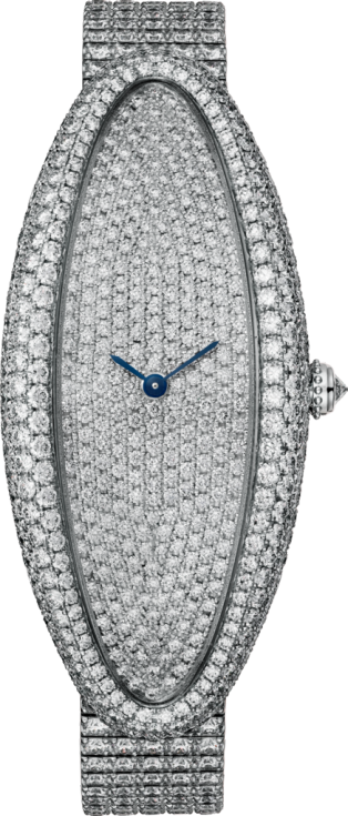 Reloj Baignoire Allongée Tamaño extra grande, movimiento mecánico de cuerda manual, oro blanco, diamantes