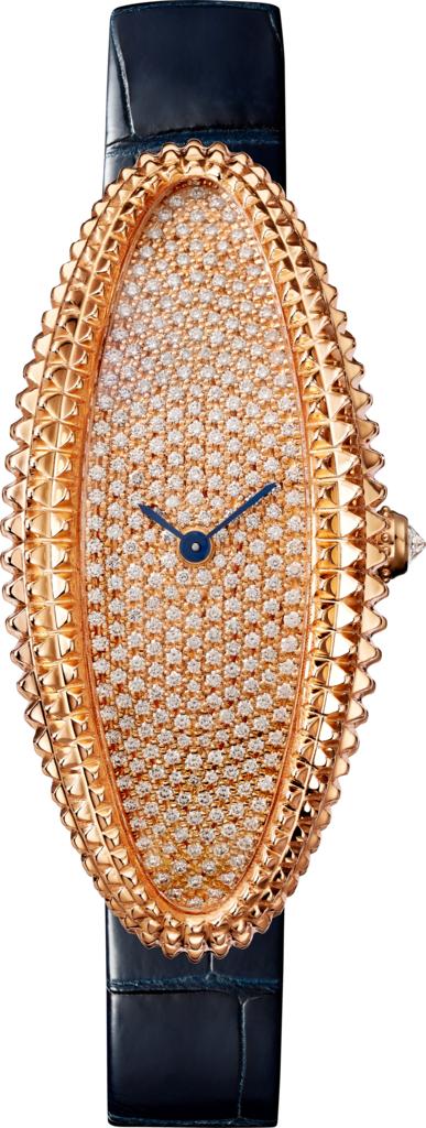 Reloj Baignoire AllongéeTamaño mediano, movimiento mecánico de cuerda manual, oro rosa, diamantes