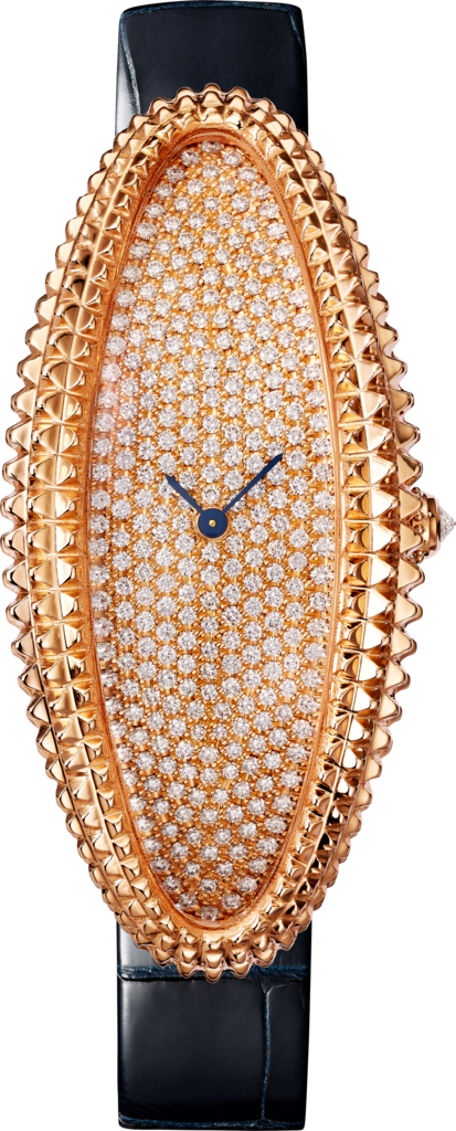 Reloj Baignoire AllongéeTamaño extra grande, movimiento mecánico de cuerda manual, oro rosa, diamantes