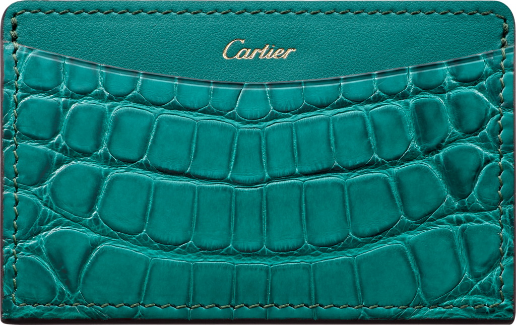 Pequeña Marroquinería C de Cartier, tarjeteroPiel de aligátor y piel de becerro color turmalina azul verdosa, acabado dorado