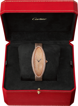 Reloj Baignoire Allongée Tamaño extra grande, movimiento mecánico de cuerda manual, oro rosa, diamantes