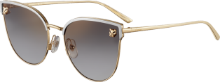 Panthère de Cartier Sonnenbrille Metall im glatten Gold-Finish und im gebürsteten Platin-Finish, graue Gläser mit goldfarbenem Spiegeleffekt