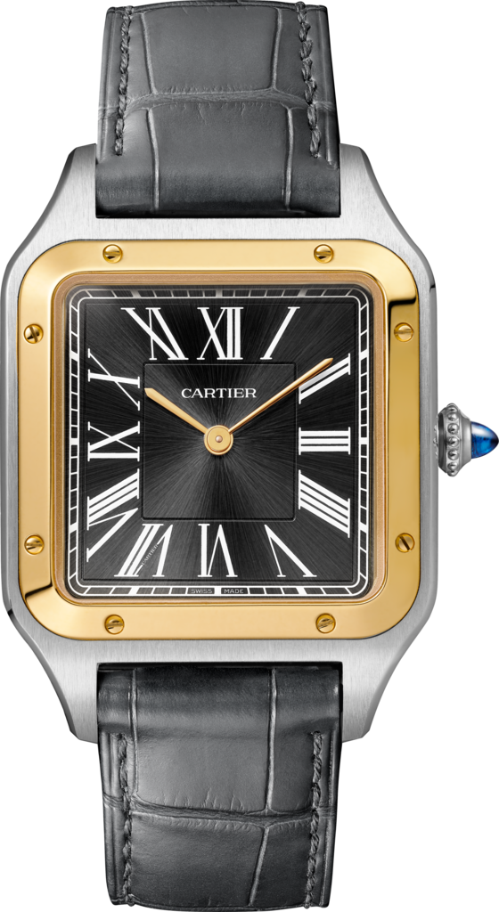 Santos-Dumont watchLarge model, hand-wound mechanical movement, yellow gold, steel, leather