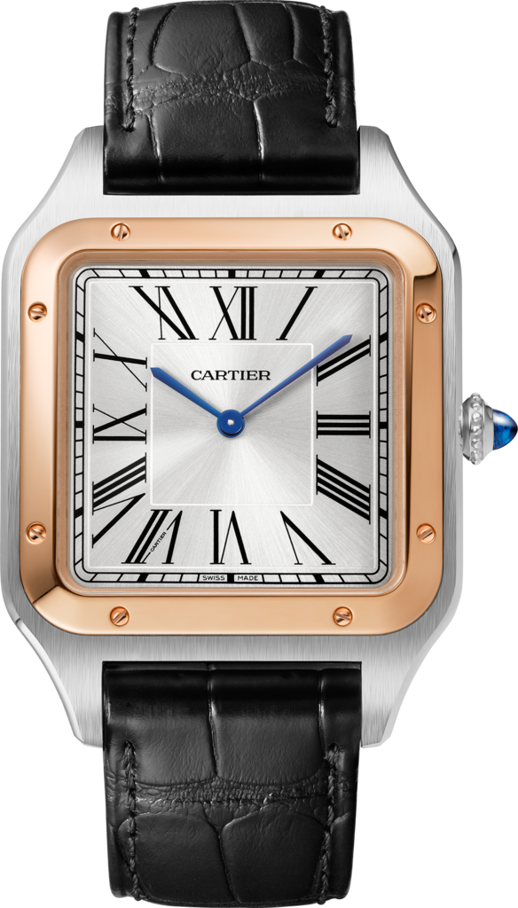 Reloj Santos-DumontTamaño extra grande, movimiento mecánico de cuerda manual, oro rosa, acero, piel