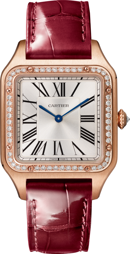 Reloj Santos-DumontTamaño grande, movimiento de cuarzo, oro rosa, diamantes, piel