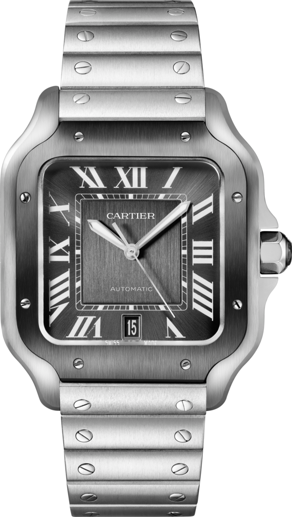 Reloj Santos de CartierTamaño grande, movimiento automático, acero, ADLC, brazalete de metal y correa de caucho intercambiables