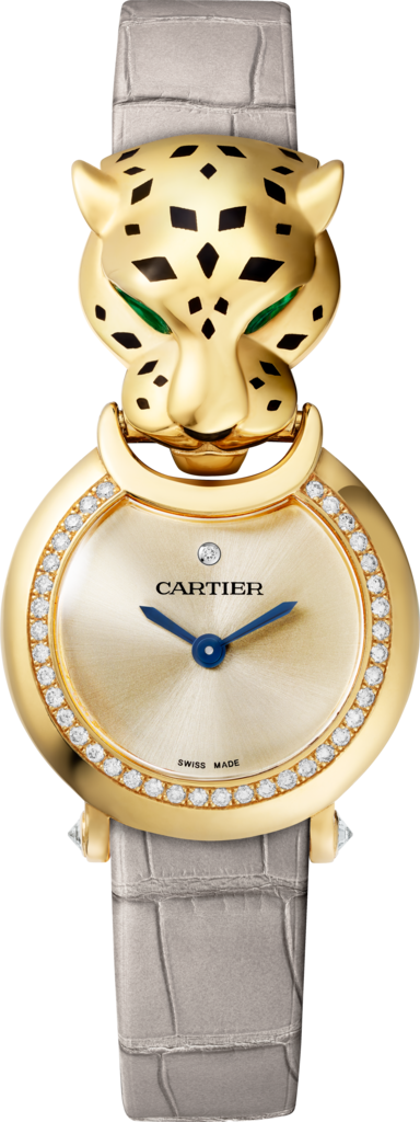 Reloj La Panthère de CartierTamaño pequeño, movimiento de cuarzo, oro amarillo, diamantes, tsavoritas, laca, piel
