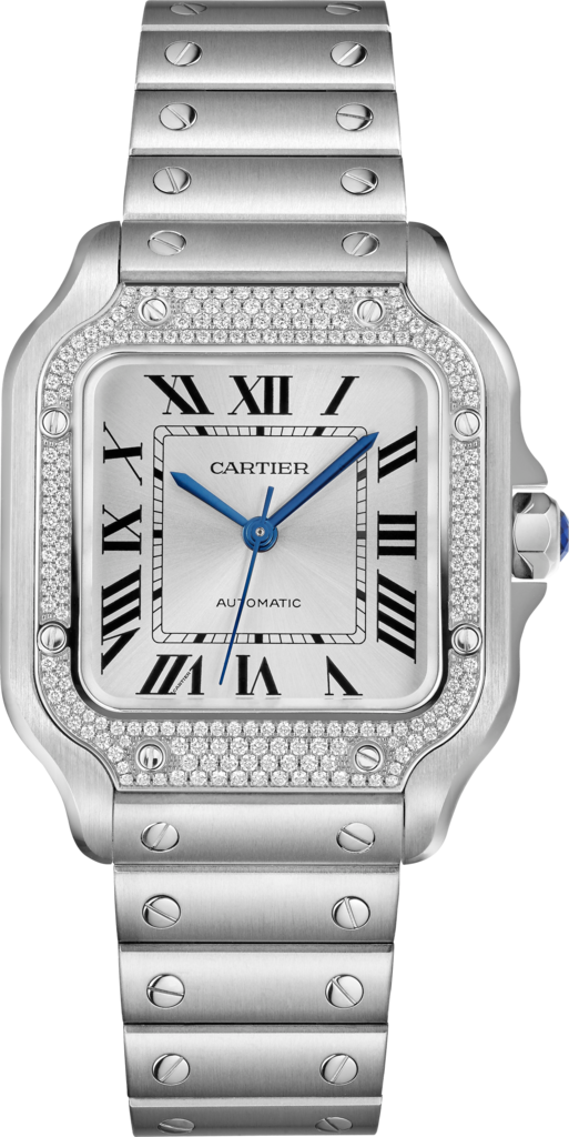 Reloj Santos de CartierTamaño mediano, automático, acero, diamantes, brazalete de metal y correa de piel intercambiables
