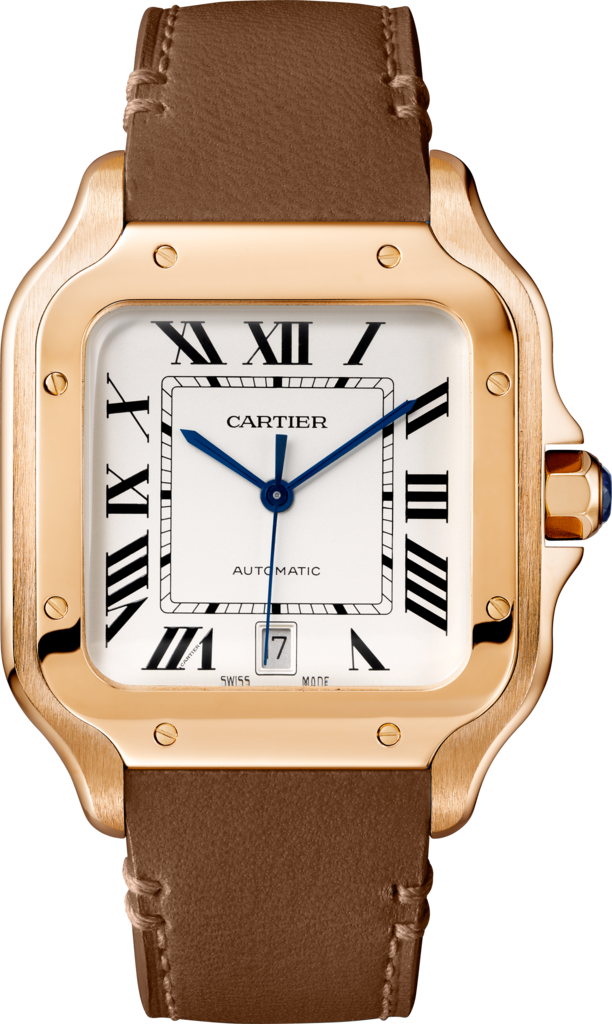 Reloj Santos de CartierTamaño grande, movimiento automático, oro rosa, dos correas de piel intercambiables