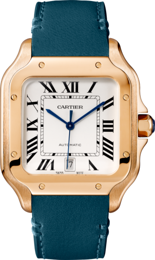 Reloj Santos de Cartier Tamaño grande, movimiento automático, oro rosa, dos correas de piel intercambiables