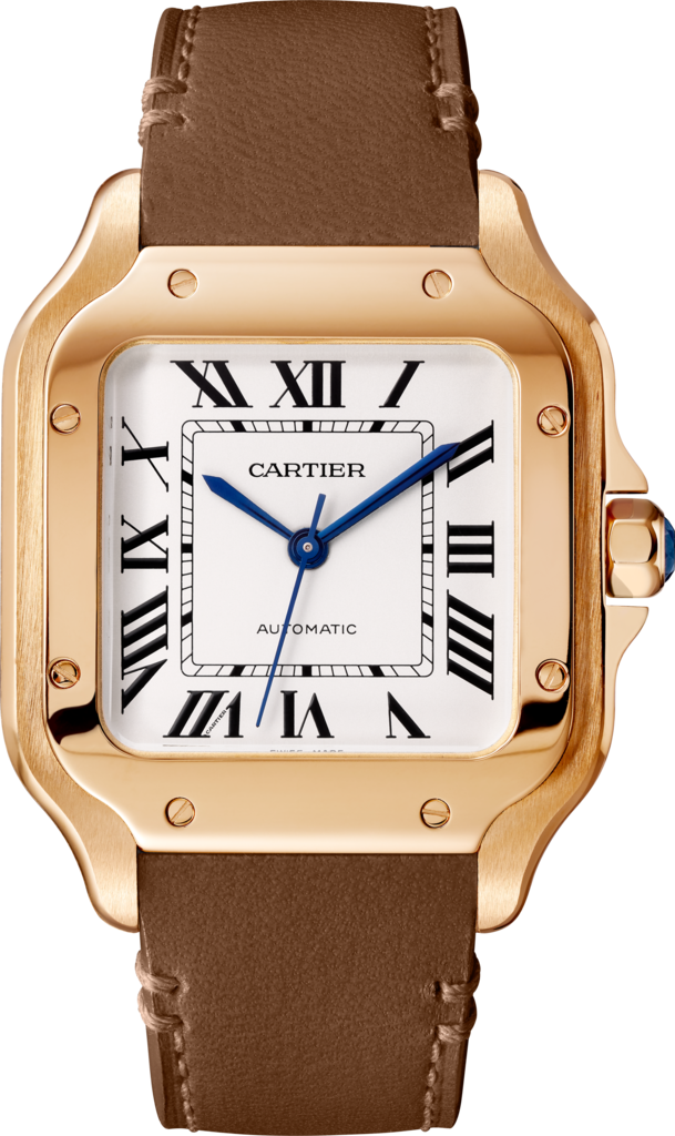 Reloj Santos de CartierTamaño mediano, movimiento automático, oro rosa, dos correas de piel intercambiables