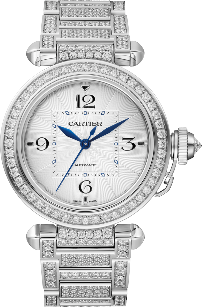 Reloj Pasha de Cartier35 mm, movimiento automático, oro blanco, diamantes
