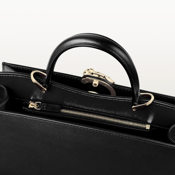 Handle bag mini model, Panthère de Cartier Black calfskin, golden finish