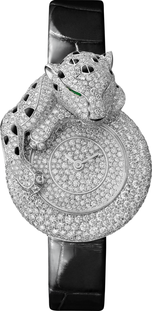 Reloj Joaillère Panthère28,4 mm, oro blanco rodiado, diamantes, piel