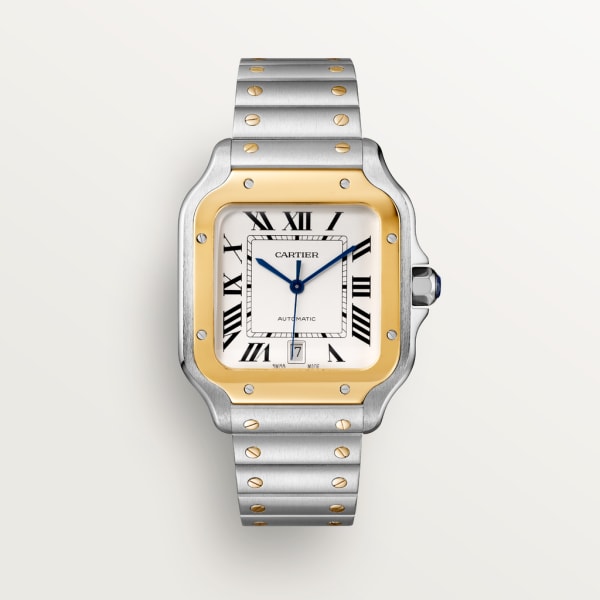 Santos de Cartier watch Large model, automatic movement, yellow gold, steel, interchangeable metal and leather bracelets