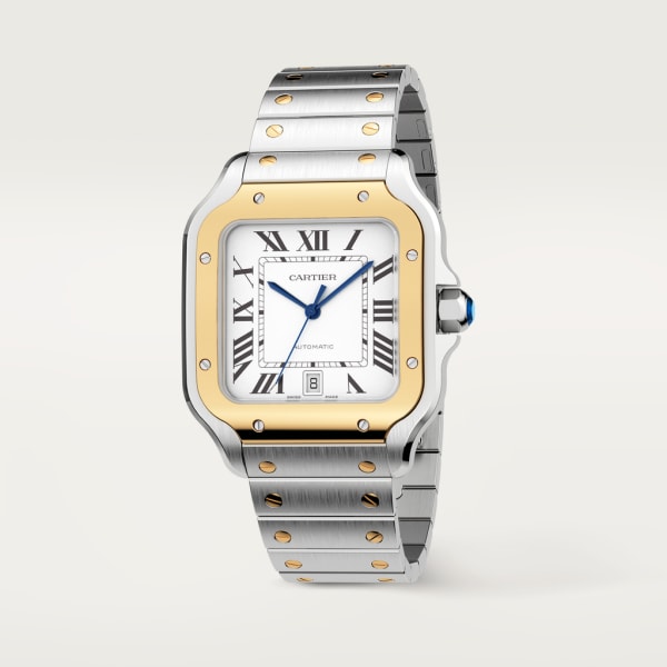 Reloj Santos de Cartier Tamaño grande, movimiento automático, oro amarillo, acero, brazalete de metal y correa de piel intercambiables