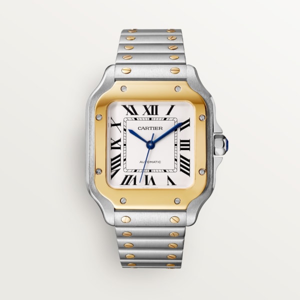 Reloj Santos de Cartier Tamaño mediano, movimiento automático, oro amarillo, acero, brazalete de metal y correa de piel intercambiables