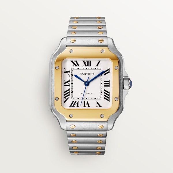 Santos de Cartier watch Medium model, automatic movement, yellow gold, steel, interchangeable metal and leather bracelets