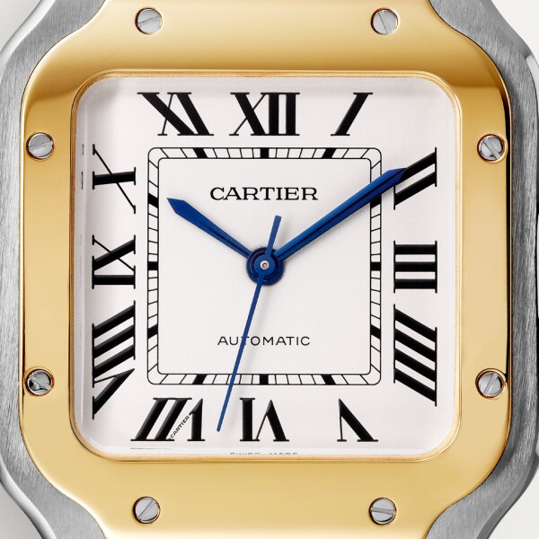 Montre Santos de Cartier Moyen modèle, mouvement automatique, or jaune, acier, bracelets métal et cuir interchangeables