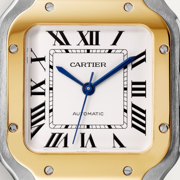 Reloj Santos de Cartier Tamaño mediano, movimiento automático, oro amarillo, acero, brazalete de metal y correa de piel intercambiables