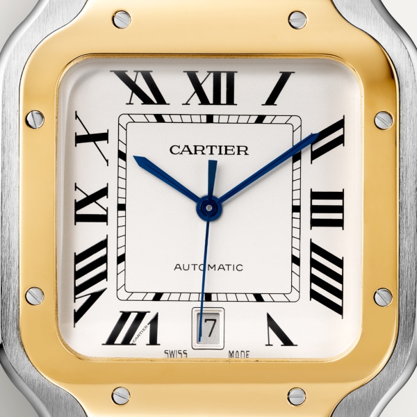Santos de Cartier watch Large model, automatic movement, yellow gold, steel, interchangeable metal and leather bracelets