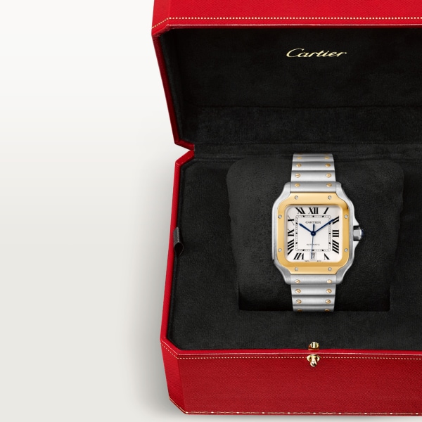 Reloj Santos de Cartier Tamaño grande, movimiento automático, oro amarillo, acero, brazalete de metal y correa de piel intercambiables
