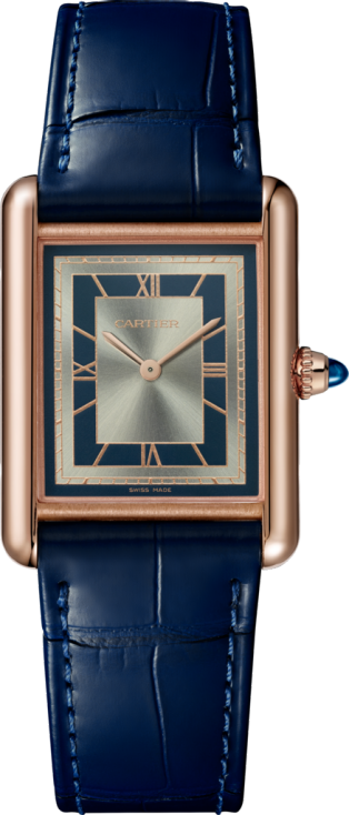 Reloj Tank Louis Cartier Tamaño grande, movimiento mecánico de cuerda manual, oro rosa, piel