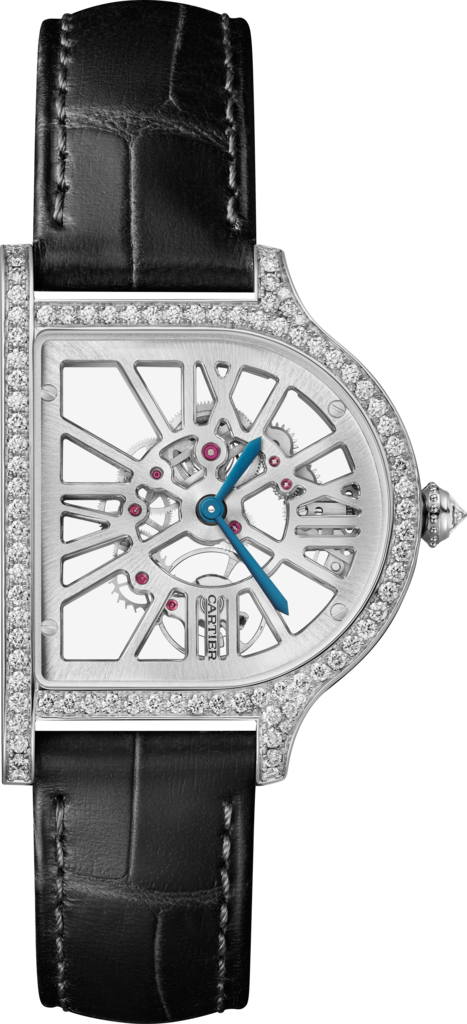 Reloj Cloche de CartierTamaño grande, movimiento manual, platino, diamantes, piel