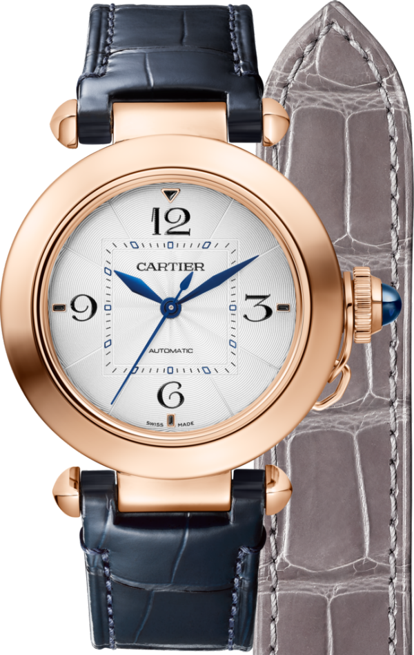 Montre Pasha de Cartier 35mm, mouvement automatique, or rose, 2 bracelets cuir interchangeables