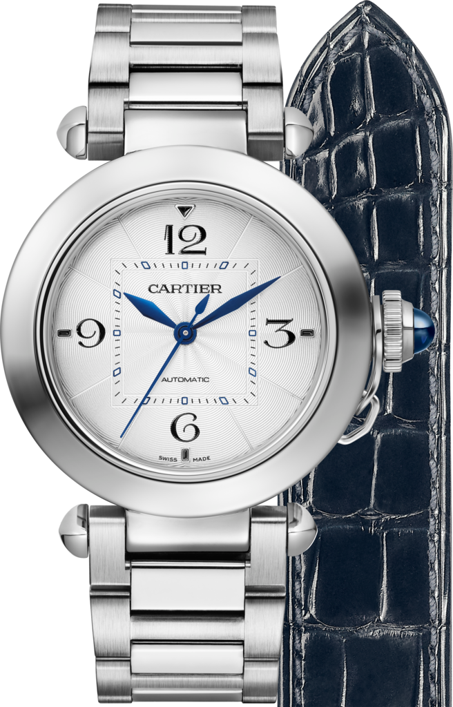 Reloj Pasha de Cartier35 mm, movimiento automático, acero, brazalete de metal y correa de piel intercambiables