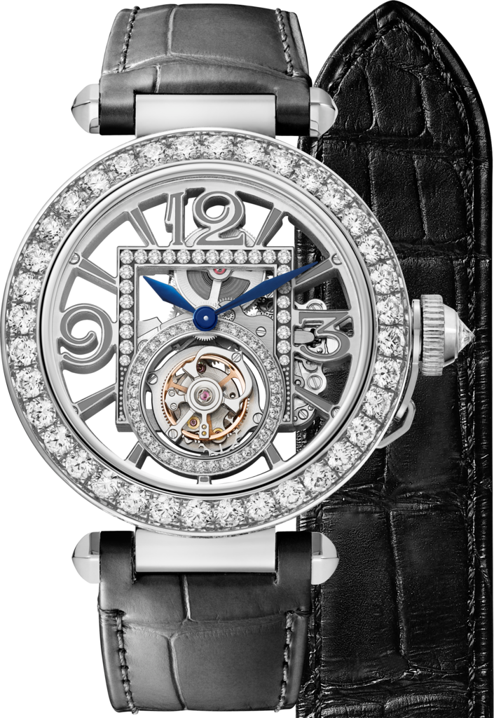 Reloj Pasha de Cartier41 mm, movimiento mecánico de cuerda manual, oro blanco, diamantes, 2 correas de piel intercambiables