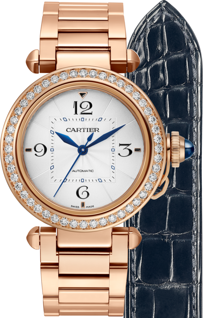 Reloj Pasha de Cartier35 mm, movimiento automático, oro rosa, diamantes, brazalete de metal y correa de piel intercambiables
