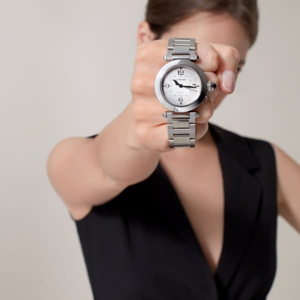 Montre Pasha de Cartier 35mm, mouvement automatique, acier, bracelets métal et cuir interchangeables
