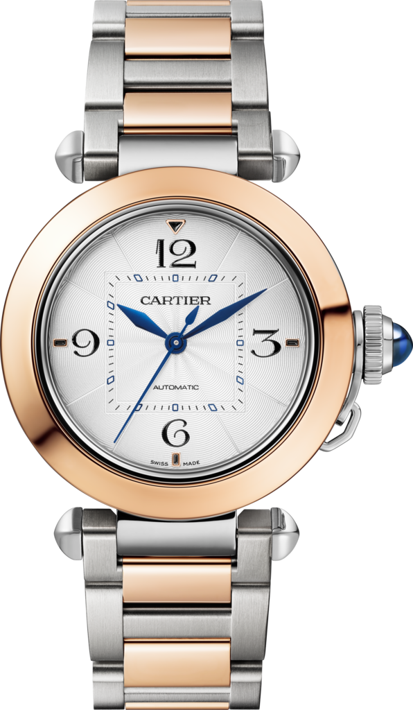 Reloj Pasha de Cartier35 mm, movimiento automático, oro rosa y acero, brazalete de metal y correa de piel intercambiables