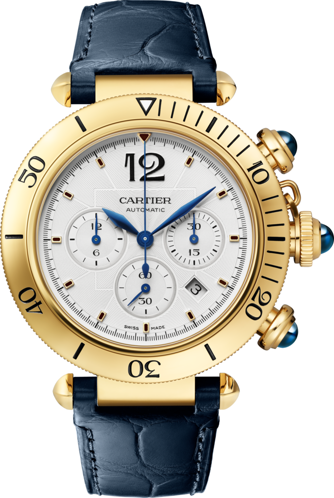 Pasha de Cartier41 mm, Chronograph, Automatikwerk, Gelbgold, austauschbare Lederarmbänder