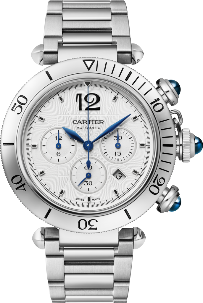 Reloj Pasha de Cartier41 mm, cronógrafo, movimiento automático, acero, brazalete de metal y correa de piel intercambiables