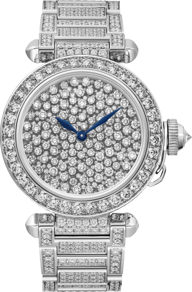Reloj Pasha de Cartier Serti Vibrant35 mm, oro blanco rodiado, diamantes