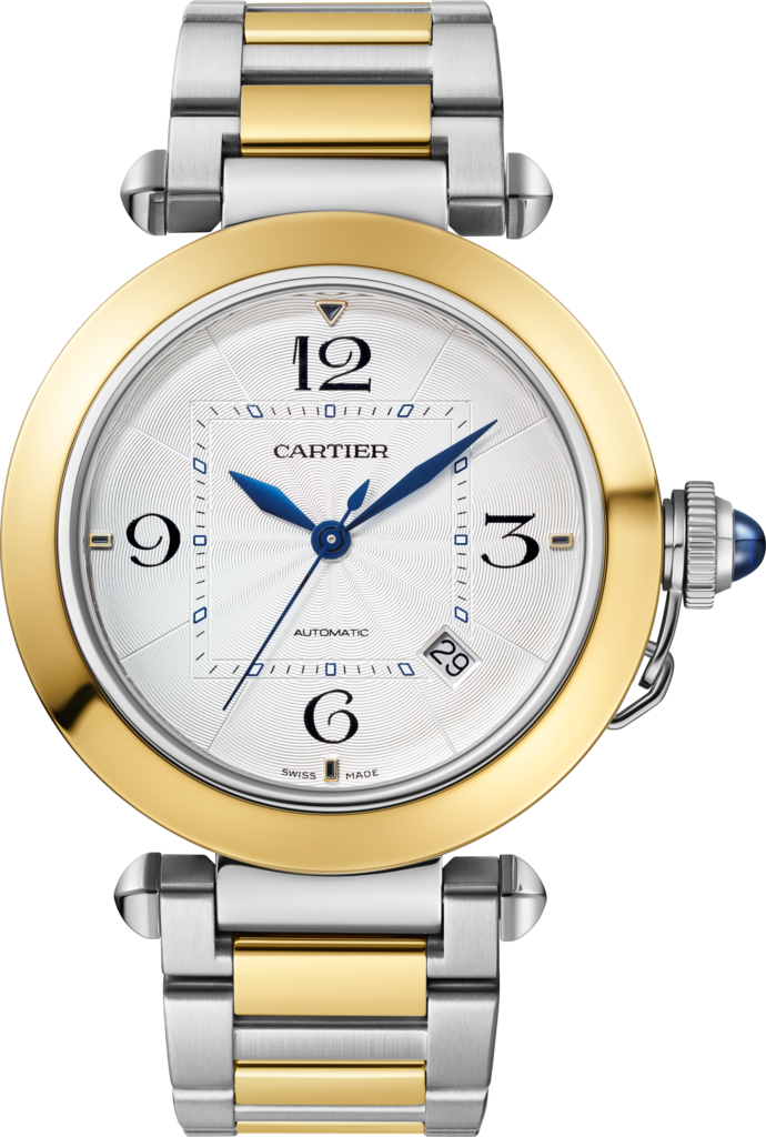 Reloj Pasha de Cartier41 mm, movimiento automático, oro amarillo y acero, brazalete de metal y correa de piel intercambiables