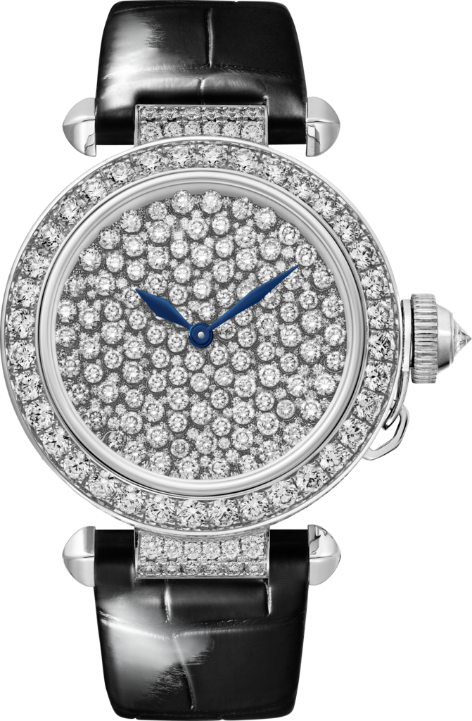 Reloj Pasha de Cartier35 mm, movimiento automático, oro blanco, diamantes, piel