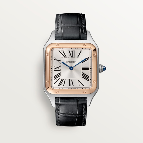 Reloj Santos-Dumont Tamaño grande, movimiento de cuarzo, oro rosa, acero, piel
