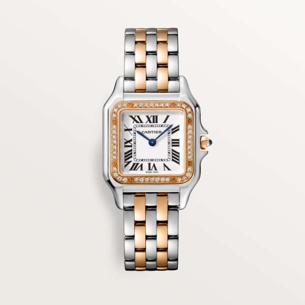 Reloj Panthère de Cartier Tamaño mediano, movimiento de cuarzo, oro rosa, acero, diamantes