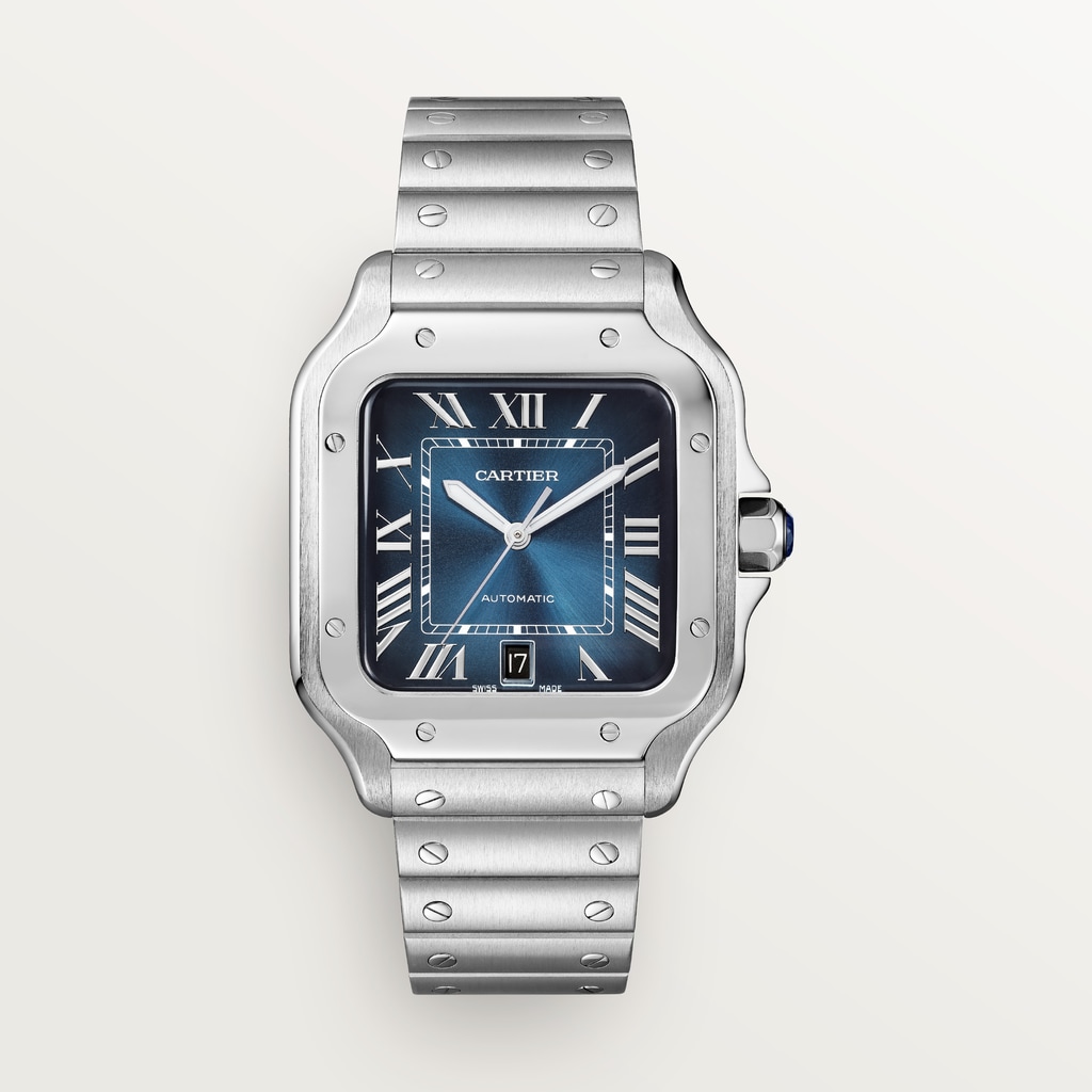 Reloj Santos de CartierTamaño grande, movimiento automático, acero, brazalete de metal y correa de piel intercambiables