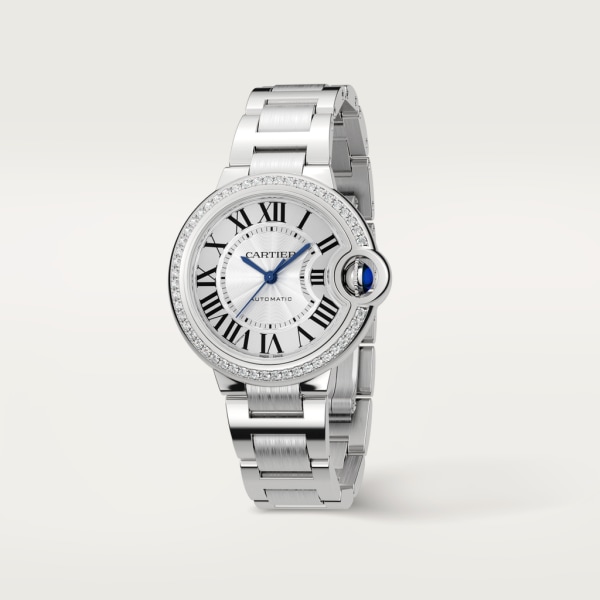 Ballon Bleu de Cartier watch 33mm, automatic movement, steel, diamonds