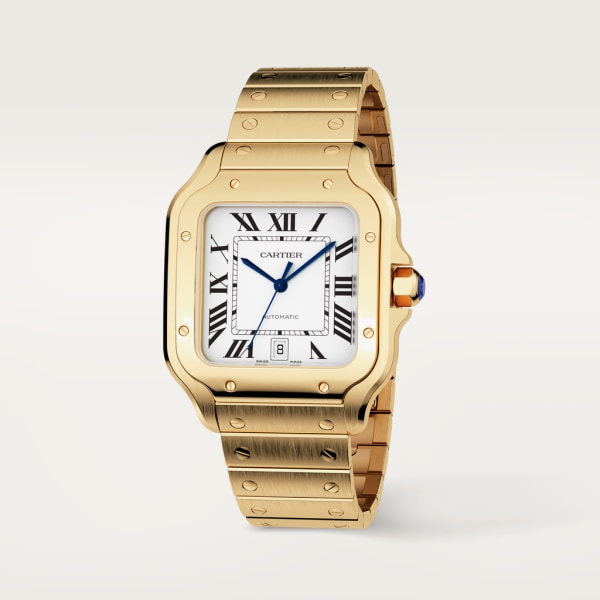 Montre Santos de Cartier Grand modèle, mouvement automatique, or jaune, bracelets métal et cuir interchangeables