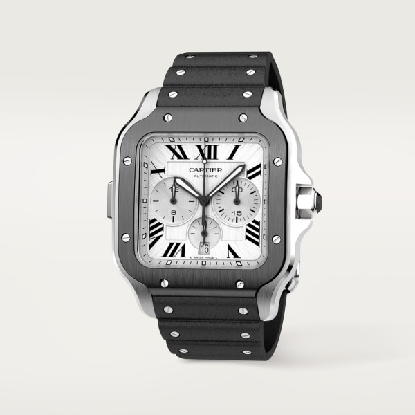Reloj Santos de Cartier Cronógrafo Tamaño extra grande, movimiento automático, acero, ADLC, correas de caucho y piel intercambiables