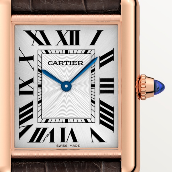 Reloj Tank Louis Cartier Tamaño grande, movimiento mecánico de cuerda manual, oro rosa, piel