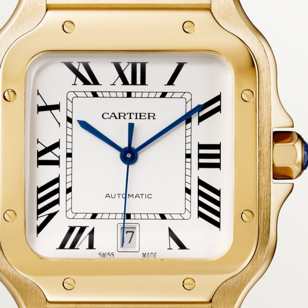 Santos de Cartier Großes Modell, Automatikwerk, Gelbgold, austauschbare Armbänder aus Metall und Leder
