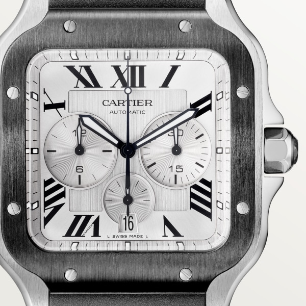 Santos de Cartier Chronograph Extragroßes Modell, Automatikaufzug, Stahl, DLC, austauschbare Armbänder aus Leder und aus Kautschuk