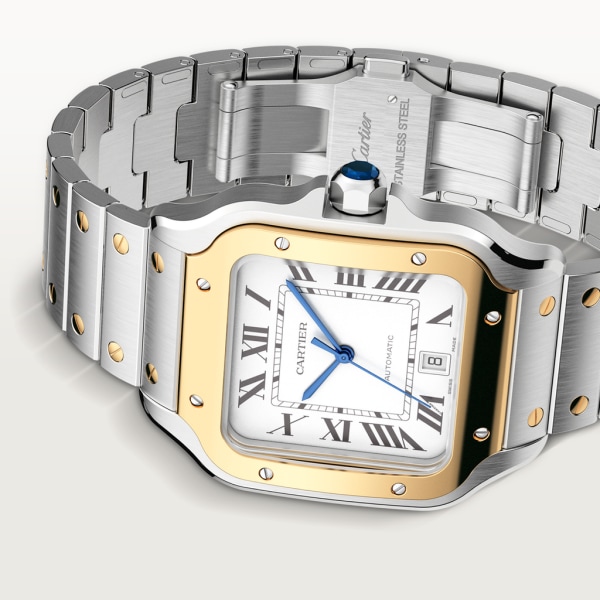 Reloj Santos de Cartier Tamaño grande, movimiento automático, oro amarillo, acero, brazalete de metal y correa de piel intercambiables